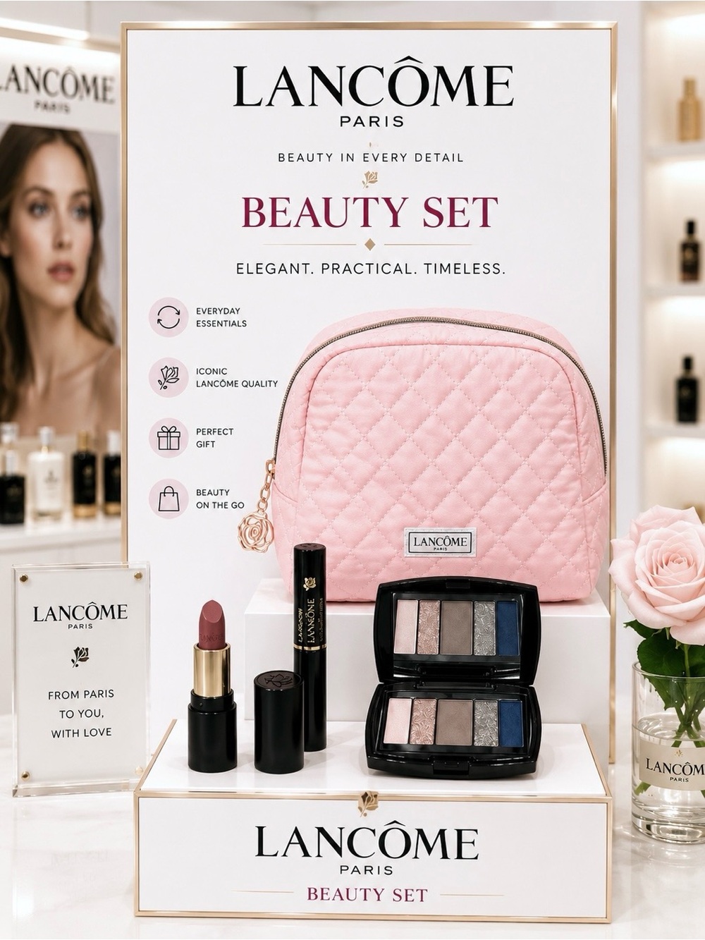 LANCÔME 4-Pieces Set Makeup Quilted Cosmetic Bag Eye Shadow Palette & Lipstick